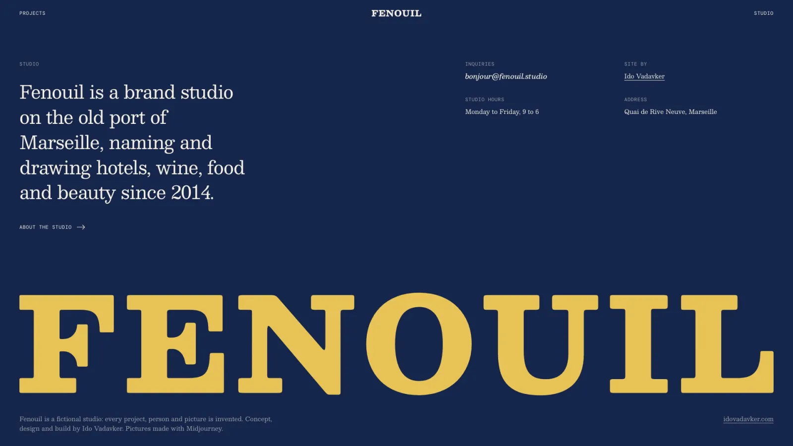 The Fenouil footer: the studio line in paper on navy, and the wordmark across the full width in pastis